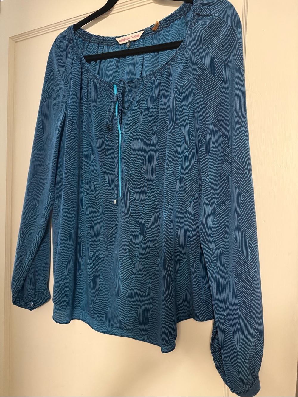 EUC Rebecca Taylor Teal-Blue Long Sleeve Tie-Neck Tunic